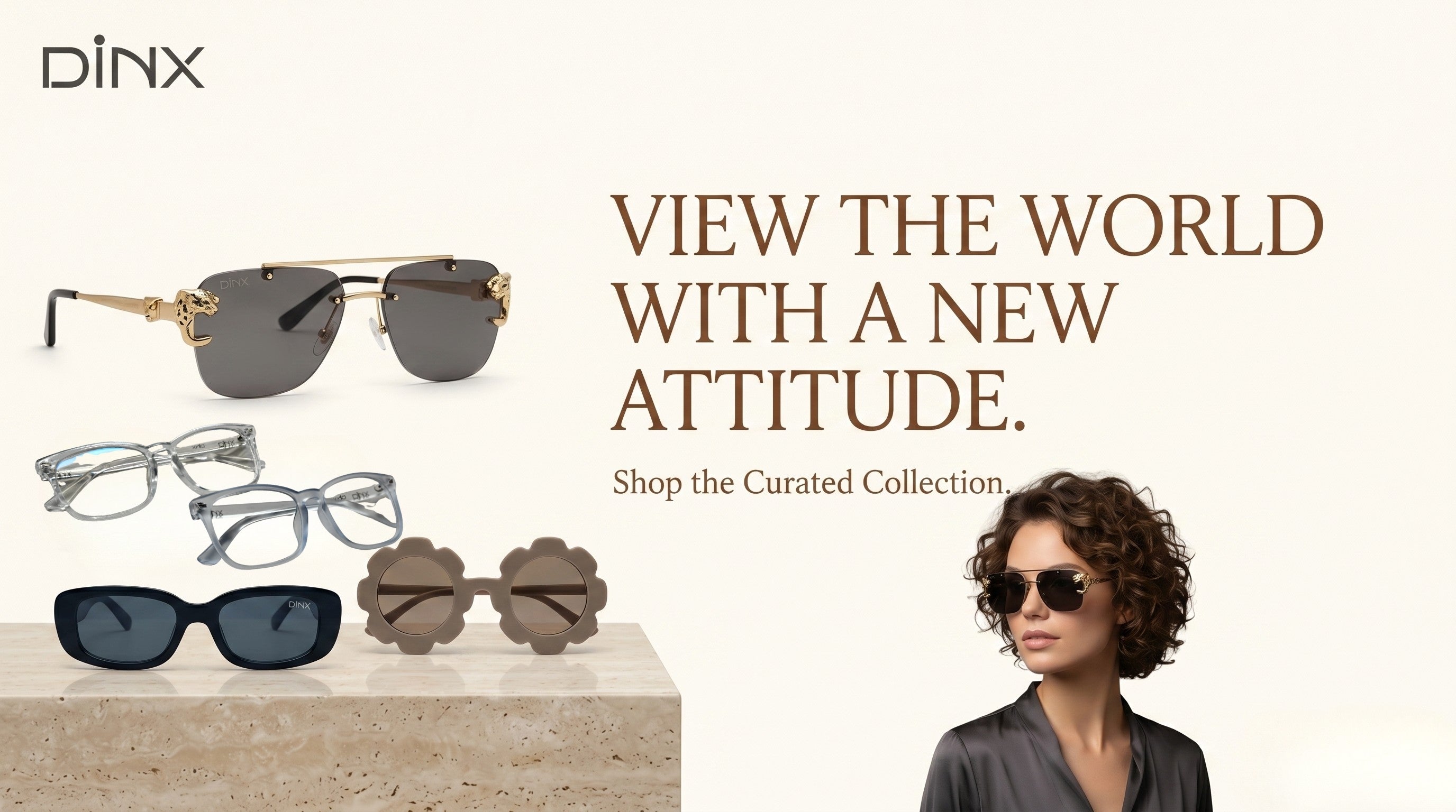 DINX eyewear collection with a woman wearing sunglasses on a beige background